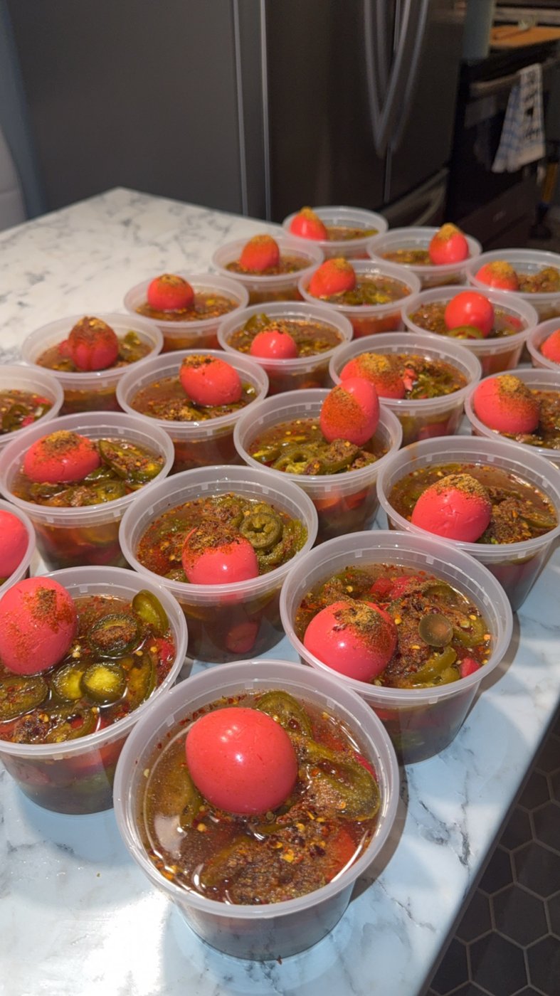 Hot spicy bowls with jalapeños and pickled eggs